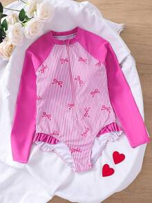 SHEIN Emery Rose Kids 少女夏季海滩度假长袖可爱蝴蝶结条纹印花连体泳衣 - 白色 - 查看 11
