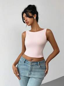 SHEIN PETITE Women's Sexy Tie-Front Backless Cropped Tank Top, Summer - Pink - View 6