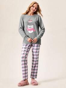 Loomlin Cotton Cartoon Printed Long Sleeve Pajama Set - Grey - View 5