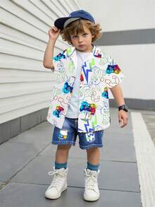 SHEIN 2pcs Set:White Printed Shirt And Distressed Denim Shorts For 4-7 Years Old Boys,Graffiti Design With Summer Stylish Wash Technique,Holiday Outfits - White - View 1