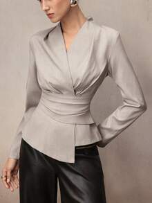 NOVVYNE 女士纯色交叉裹身长袖不对称下摆衬衫 - 杏色 - 查看 4