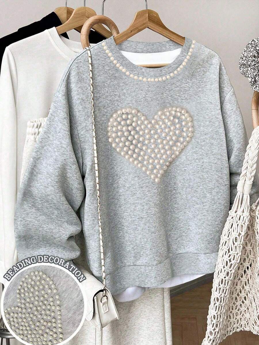SHEIN 女士珍珠爱心装饰休闲圆领卫衣，也是送给女性、姐妹、母亲、母亲节和情人节的理想礼物 - 彩色 - 查看 1