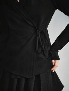 ROMWE Grunge Punk Spring/SummerblackSolid Color Hooded Wrap Cardigan, Dystopian Style - Black - View 3