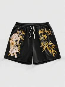 ROMWE MEN Street Life Quần short thường ngày họa tiết hổ dành cho nam, trang phục tối giản hàng ngày - màu đen - Xem 1