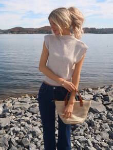 Sydney Algeri 优雅高领宽松休闲百搭无袖针织毛衣背心外出上衣女秋冬上学上衣 - 杏色 - 查看 2