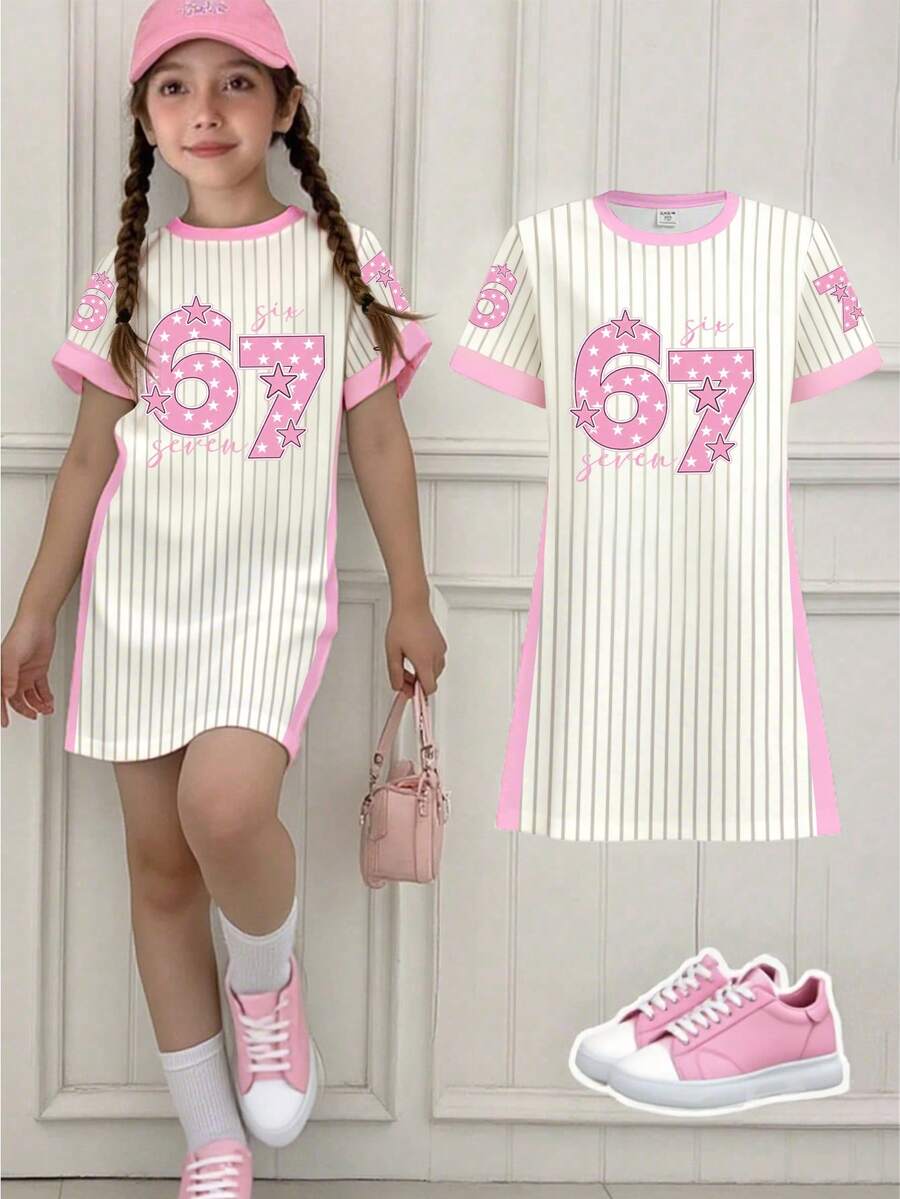 SHEIN 夏秋两季少女休闲时尚创意个性清新简约别致数字67、星星、竖条纹、标语印花舒适短袖T恤裙，适合女孩的温暖夏秋装扮 - 卡其色 - 查看 1