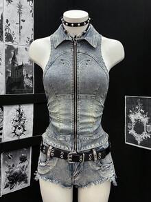 EgrlEra 女士牛仔布水钻装饰无袖拉链外套 - 深色水洗藍 - 查看 7