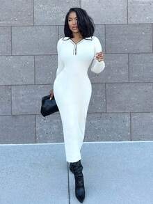 Alexandranx Kontrastfarbige Knopfleiste Slim Fit Strickkleid für Herbst/Winter