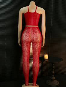 ChaseTheNight 2pcs Women Bow Decor Camisole And Fishnet Stockings Sexy Lingerie Set - Red - View 2