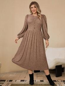 EMERY ROSE Plus Solid Lantern Red With Sleeves Sleeve Ribbed Knit Winter Dress - Brown - View 1