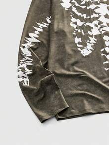 ROMWE MEN Street Life Men's Casual Versatile Crew Neck Long Sleeve T-Shirt With Dark Skull Print - Dark Green - View 4