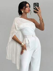 Firerie Women's Elegant Casual Vacation Daily Fashion Versatile White Asymmetric Neck Mesh Patchwork Asymmetrical Tie Fitted Blouse, Summer - White - View 5