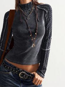 Bohemela Áo thun dài tay cổ đứng dệt kim màu trơn, chất liệu vải pha trộn, thích hợp cho mùa đông, năm mới, Giáng sinh, Lễ tình nhân và các lễ hội âm nhạc dành cho nữ. - màu đen - Xem 6