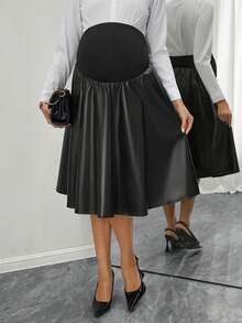 Momance Maternity PU Leather Pleated Patchwork Versatile Casual Skirt - Black - View 5