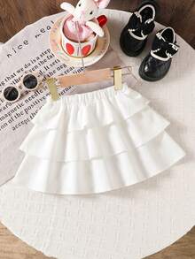 Emery Rose Kids Emery Rose Kids Young Girls Casual Mixed Street Casual Minimalist Sportswear Academy Plain-Colored Cake Half-Length Skirt Suitable For All Seasons (Spring, Summer, Autumn, Winter), For Home Use, For Outdoor Exercise, For School, For Daily Leisure. The Same Style As My Mother's, The Same Style As My Sister And My Younger Brother. White Skirt For Teens, White Skirt For Girls, White Ruffle Skirt, White Bubble Skirt - White - View 5