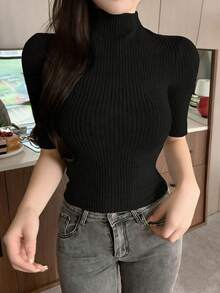 DAZY Áo crop top chải kỹ, áo thun cổ lọ tay ngắn cho nữ - màu đen - Xem 2