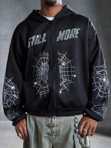 ROMWE MEN Street Life Men's Dropped Shoulder Casual Spider Web Zip-Up Hoodie Sweatshirt - Black - View 4