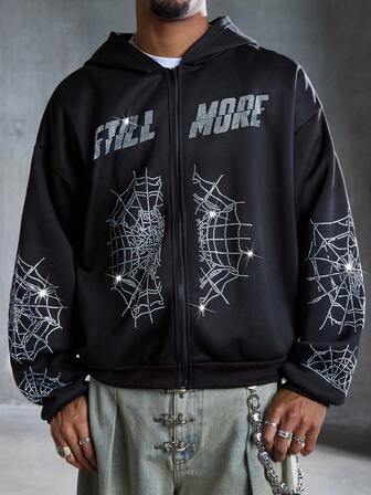 Street Life Sudadera con capucha casual con cremallera y diseño de telaraña de hombros caídos para hombre