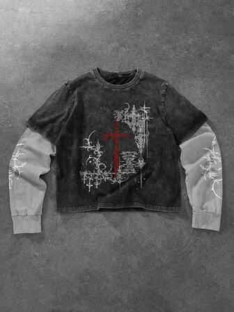 Men's Colorblock Graphic Print Crew Neck Casual Long Sleeve T-Shirt