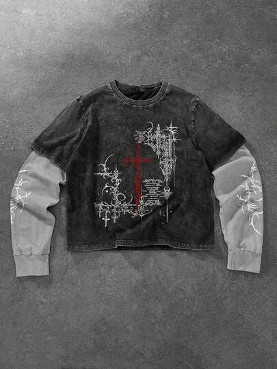 Camiseta de manga larga casual con cuello redondo y estampado gráfico de bloques de color para hombres