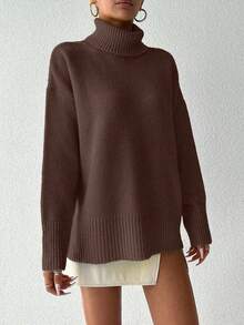 EURMUSE Women's Solid Color High Neck Drop Shoulder Long Sleeve Casual Sweater - Brown - View 3