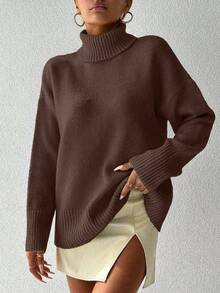 EURMUSE Women's Solid Color High Neck Drop Shoulder Long Sleeve Casual Sweater - Brown - View 6