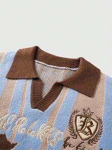 ROMWE MEN Prep Men's Jacquard Letter Embroidery Striped Loose Casual Sweater - Blue - View 3