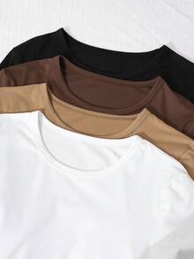 Sparklyn 4pcs/Set Teen Girls' Casual Solid Color Round Neck Long Sleeve Ruched Waist Fitted Versatiley T-Shirt - Multicolor - View 7