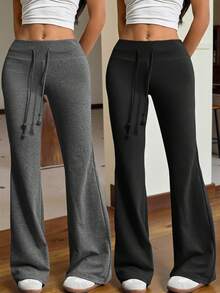 SHEIN EZwear 2 chiếc quần dài ống loe cạp chun rút dây mới cho nữ, thích hợp cho các hoạt động ngoài trời - màu đen - Xem 1