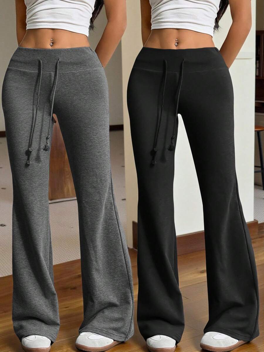 SHEIN EZwear 2 chiếc quần dài ống loe cạp chun rút dây mới cho nữ, thích hợp cho các hoạt động ngoài trời - màu đen - Xem 1