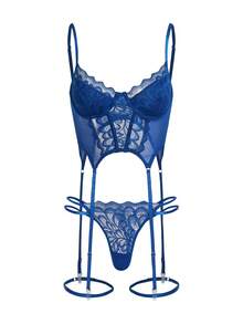 SHEIN Floral Lace Underwire Garter Lingerie Set UnderwearOuter - Royal Blue - View 3