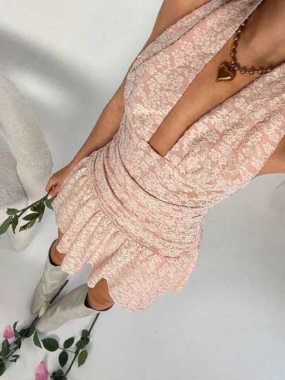 SHEIN TRNDY Jacquard Textured V-Neck Cinched Waist A-Line Party/Holiday Dress For Women, Spring/Summer