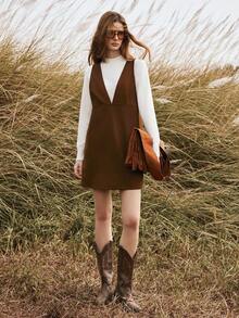 SHEIN Unity Women's Autumn/Winter Outerwear Bohemian Retro Fashion Short Brown Wool Blend Tank Dress - Brown - View 5