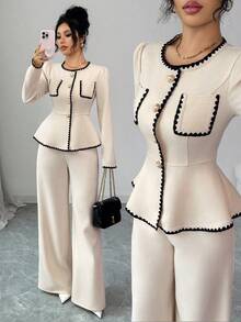 Elenzga 秋冬新款长袖粗花呢圆领收腰A字优雅通勤百搭衬衫裤两件套 - 杏色 - 查看 1