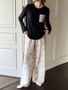 Dream Adore 条纹星形印花宽松睡衣套装，带口袋，柔软磨毛针织长袖上衣和裤子 - 彩色 - 查看 5