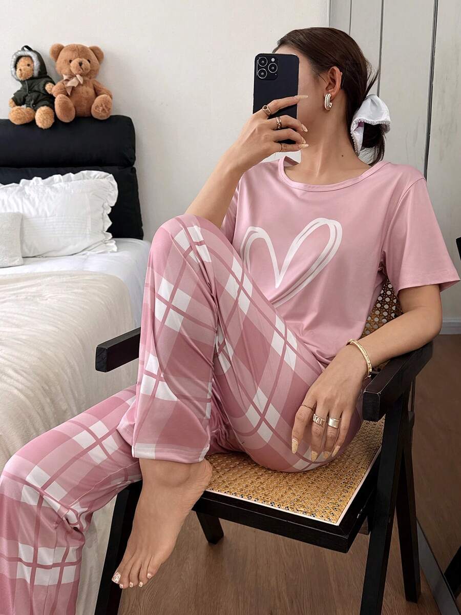 SHEIN 2pcs/Set Heart Plaid Print Pink Casual Sleepwear Shorts & Top Set - Multicolor - View 1