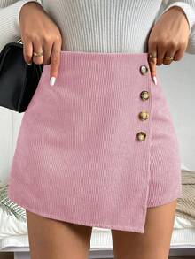 Chiquease Falda pantalón de mujer de unicolor minimalista con decoración de botones para uso diario - Rosa Pálido - Ver 7
