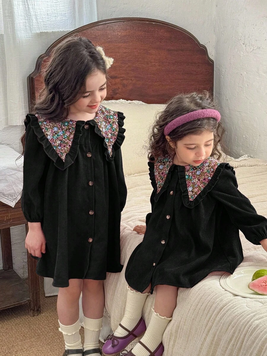 LMoss Kids 女婴编织拼接花卉彼得潘领休闲连衣裙 - 黑色 - 查看 1