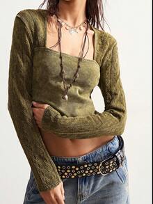 Bohemela 休闲针织长袖不对称领修身短款女式T恤 - 綠色 - 查看 5