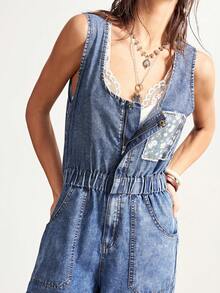 Bohemela 波西米亚风休闲度假风拼接U领破洞牛仔连体裤，女士春夏款 - 藍色 - 查看 2