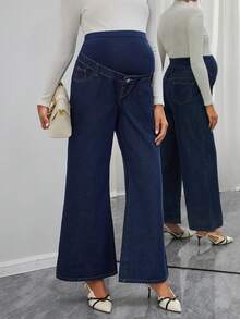 Momance Adjustable Waist Loose Fit Maternity Wide Leg Jeans, Navy Blue - Navy Blue - View 1