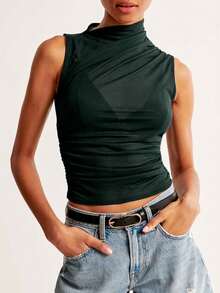 Siren Gaze Áo cổ tròn xếp nếp lưới, Áo cánh lưới mỏng, Áo khoác ngoài, Nữ - Màu xanh lá cây đậm - Xem 7