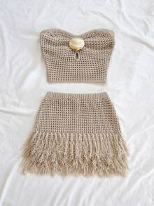 Soleia 女士度假两件套：针织纹理毛衣和流苏金属装饰迷你裙，适合派对、约会、海滩度假、夏季穿搭、假日、下午茶、婚礼季、邮轮旅行、城市之旅、波西米亚风度假、音乐节等场合。 - 卡其色 - 查看 6
