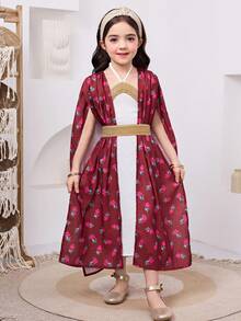 SHEIN 2pcs/Set Young Girl Ditsy Floral Woven Casual Top And Classic Floral Embroidered Elegant Vintage Casual Modest Abaya Dress, Suitable For Young Girls In Spring/Summer, Graceful Long Sleeve Maxi Dress, Prayer Abaya, Easy Comfort, Casual Wear, Vacay Vibes, Modest Kaftan, Kids Jalabiya Cute Cartoon Star & Moon Print, Elegant Long Sleeve Maxi Dress, Kids Prayer Abaya, Easy Comfort, Casual Wear, Modest Kaftan, Kids Jalabiya Long Maxi Dress For Kids Kids Arabic Dress Dresses With Cape For Kids Girls - Red - View 6