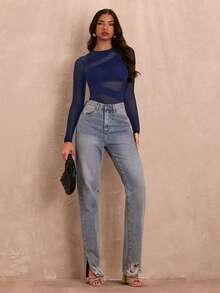 SHEIN BAE Women's Sexy Black Round Neck Sheer Hollow-Out Mesh Patchwork Asymmetric Bodysuit, Summer - Navy Blue - View 3