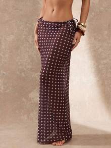 Lumalex 新款比基尼系列，女士奢华巧克力波点三件套沙滩装，包括贝壳装饰抹胸比基尼上衣、可调节系带比基尼泳裤和高腰飘逸薄纱长款罩衫裙，薄纱罩衫裙沙滩套装，夏季海滩，优雅浪漫度假女士泳装套装，包含比基尼上衣、比基尼泳裤和裙子，适合夏季泳池和海滩穿着。 - 彩色 - 查看 9