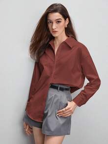 BizChic 女士纯色翻领长袖衬衫，挺括有型，都市通勤必备单品，简约优雅时尚商务休闲风，适合教师及办公室穿着，优雅女式衬衫 - 棕色 - 查看 8