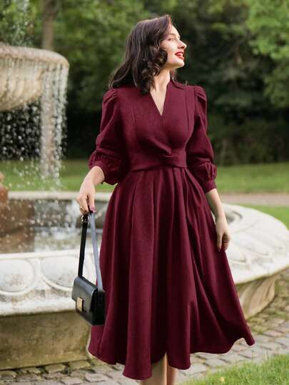 Vintamour Vintage Elegant Women's Dress With Pockets & Twist Detail Long Sleeve Casual Commute Holiday Dress Winter Clothes For Women Winter Dress Women Christmas Clothes Christmas Outfit For Women Christmas Women's Clothing New Year Clothes New Year Outfit Thanksgiving Outfit For Women Elegant Dresses For Women Elegant Dress For Spring, Spring Outfits For Women