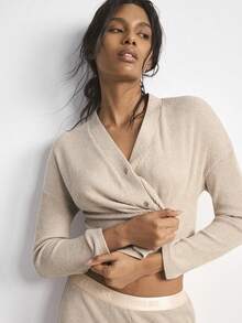 Ocili 休闲柔软舒适华夫格针织长袖家居服上衣，时尚秋季女士睡衣，冬季 - 卡其色 - 查看 6