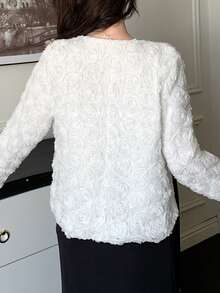 DAZY Women's Elegant Plain Textured Round Neck Blouse, Autumn/Winter - White - View 2
